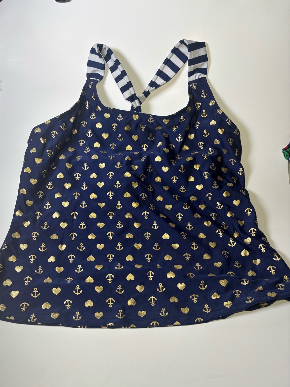 Cat & Jack Navy and White Striped Tankini Top with Gold Anchor & Heart Accents